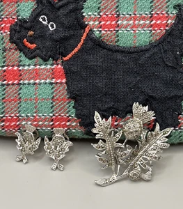 Vintage Scottish Thistle Pin Brooch and Clip Earrings Set Silver Tone Marcasite - Picture 1 of 7
