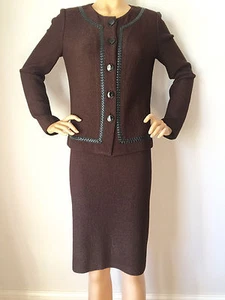 NEW ST JOHN KNIT SIZE 14 WOMENS DARK BROWN SKIRT SUIT JACKET BOUCLE BLACK TRIM - Picture 1 of 8