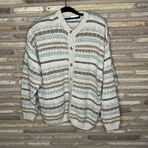 Vintage 100% Wool USA Made Nordic Fair Isle Tan Brown Cardigan Sweater 