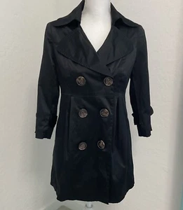 XOXO Black Double Breasted Trench Coat Size M Satin Y2K Belted Button Jacket - Picture 1 of 12