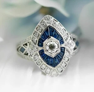 14k White Gold 2.10Ct Round Lab-Created Diamond Art Deco Engagement Wedding Ring - Picture 1 of 13