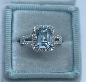 2.50Ct Emerald Cut Simulated Aquamarine Engagement Ring In 14K White Gold Plated - Picture 1 of 5
