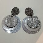 Large 80?S Silver & White Layered Circle Disc Very Light Stud Drop Earrings