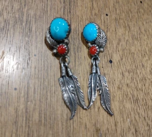 Vintage Sterling Silver Navajo Turquoise Coral  Dangle Feather Post Earrings - Picture 1 of 4