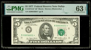1977 $5 Dollar Star Note Fr. 1974-K* PMG 63 EPQ Uncirculated Serial # K00836601* - Picture 1 of 2