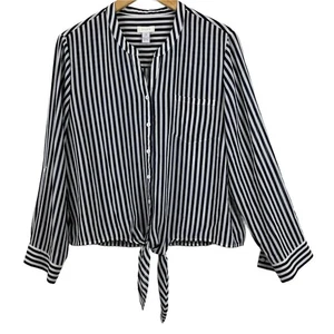 Womens Chicos Medium Black Striped Tie Front Blouse Nylon Poly Button - Picture 1 of 7