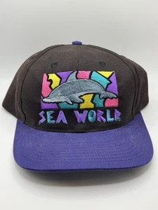 Vintage Sea World Mütze schwarz & lila bestickt Delfin Snapback Hat USA - Bild 1 von 9