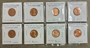 Set of 8 Copper Lincoln Memorial Cents, Uncirculated & Red, Multiple Years & MMs - Picture 1 of 10