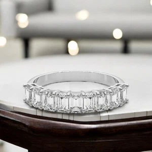 Eternity Band 1 Carat Certified Lab Grown 14k White Gold Emerald Cut Diamond - Picture 1 of 7