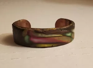 Bracelet copper cuff Multicolour rainbow overlay art boho Handmade vtg - Picture 1 of 4