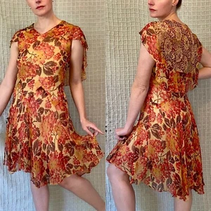 1920s Vintage Antique Orange Floral Silk Chiffon Flapper Dress Lace Capelet S/M - Picture 1 of 12