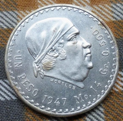 1947 Peso México Cacheton, Moeda Mexicana 50% Prata, Águia, José Morelos, KM #456 - Imagem 1 de 4