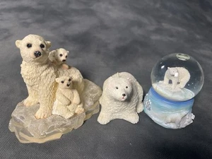 Polar Bear Figurine Set – 3 Resin Collectibles + Snow Globe Arctic Winter Decor - Picture 1 of 12