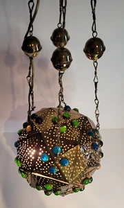 Antique C19th French Moroccan Gem Set Gilt Brass Hanging Lantern - Picture 1 of 16