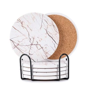6 Pack 4 Inch Absorbent Marble Drink Coasters with Holder for Coffee Table - Picture 1 of 7