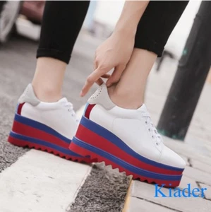 Women's Color Stitching Creepers Lace Up Oxfords Med Wedge Heels Platform Shoes - Picture 1 of 11