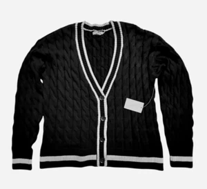 Good American Women Black & White Cable Knit Cardigan Sweater Size 1/2 = S/M NWT - Picture 1 of 7