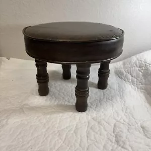 Vintage Wood Spindle Leg Foot Stool Vinyl Round Top Brown 13” Wide 10” Tall - Picture 1 of 9