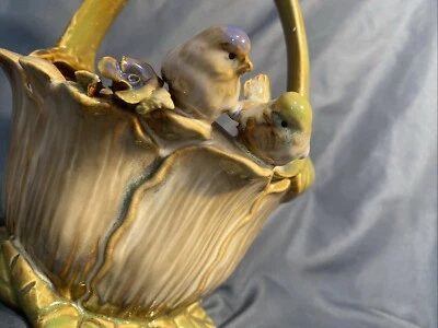 复古手工 Majolica 风格蓝鸟卷心菜叶柄篮子艺术 — 第 1/4 张图片