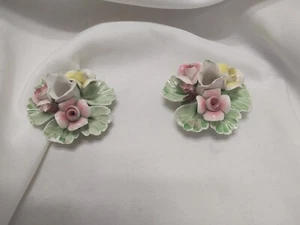 Capodimonte Porcelain Pink And Yellow Rose Flower Candle Holder Set Of 2 - Picture 1 of 3