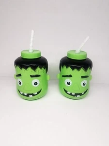 Halloween Drinking Cups with Straws Set of 2 Frankenstein Screw On Lid - Picture 1 of 2