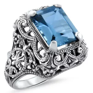 VICTORIAN STYLE 925 STERLING SILVER 4 Ct SIMULATED AQUAMARINE RING 343z - Picture 1 of 4