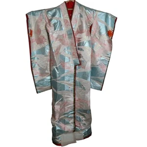 Japanese Uchikake Kimono 1980s Wedding Crane Blue Pink Floral - Picture 1 of 13