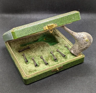 ANCIEN NECESSAIRE POMMEAU CANNE OMBRELLE ARGENT MASSIF TETE DE CANARD - 19ème - Photo 1/4