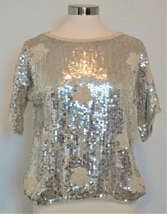 Vintage Silver Beaded 100% Silk Shirt Blouse NWT Flower Beads Hand Made India - Picture 1 of 12