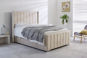 Bed Frame Plush Velvet Fiona Wing Double Bed With Mattress & King Size - Picture 1 of 12