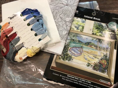 Bucilla Island Boat Cross Stitch Kit Paul Brent New Tropical Beach Scene WM45633 - Image 1 of 4