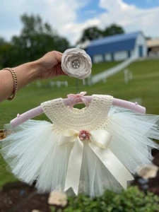 BABY GIRL IVORY TUTU DRESS WITH CROCHET BODICE WITH HEADBAND - Picture 1 of 2