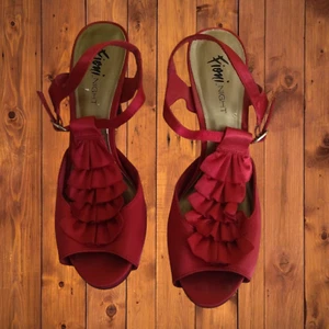 Fioni Night Women's Size 9 Red Satiny Ruffle Accent Strap 4" Heeled Sandals - Picture 1 of 6