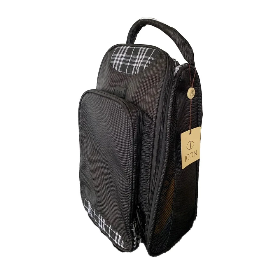 ICON Unisex Deluxe Golfschuhtasche schwarz weiß Tartan belüftete Seiten vorne Fach brandneu