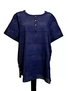 ZANZEA COLLECTION Navy Blue EYELET Front Short Sleeve Pullover Blouse Sz 4XL - Picture 1 of 8