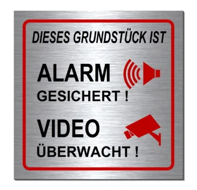 DESI-SCHILDER Grundstück-Alarm-Video-Alu-Edelstahl-Optik-19 x 19 cm-Warnschild-Video-Schild