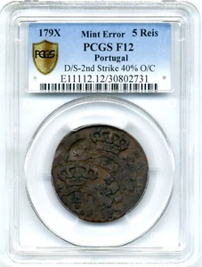 Mint Error 179X Portugal 5 Reis Double Stuck, 2nd 40% off Center - PCGS F12 - Picture 1 of 4