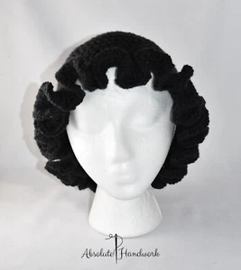 Handmade Women's Crochet Ruffle Brim Bucket Hat Cloche Cap Chemo Cap Black 22 in - Picture 1 of 6