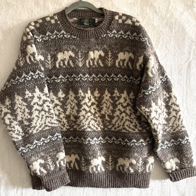 Vtg Orvis Fair Isle Moose Sweater Large Brown Shetland Wool Christmas Trees - Image 1 of 4