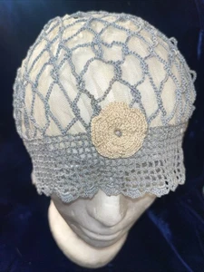 Antique Edwardian Victorian Lace Blue Silk Cap Bonnet Tatted Crochet Amazing - Picture 1 of 13
