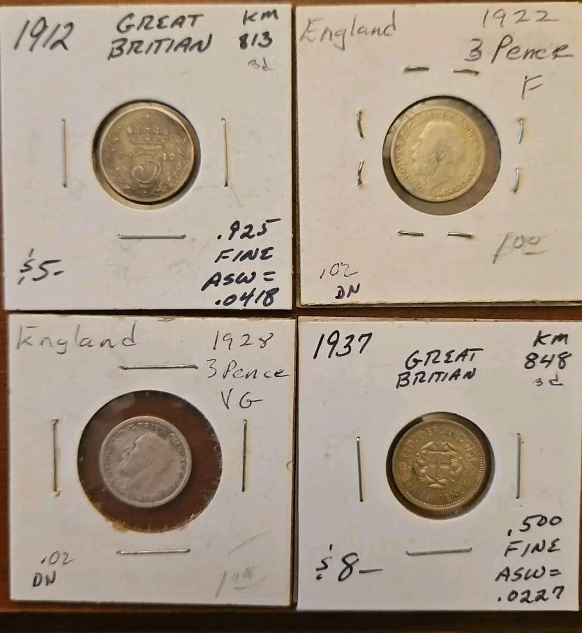 4 monedas de 3 peniques de plata esterlina del Reino Unido, 1912, 1922, 1928, 1937 Foto 1 de 4