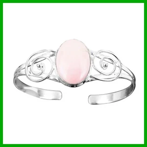 Oval Natural Pink Opal 925 Sterling Silver Handcrafted Anniversary Bezel Bangle - Picture 1 of 7