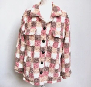 Pink Plaid Sherpa Button Up Jacket Multicolor Lined Pink Lily Womens Size XL - Picture 1 of 17