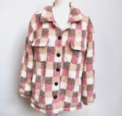 Sherpa Button Up Jacket Pink Plaid Multicolor Lined Pink Lily Womens Size XL - Image 1 of 4