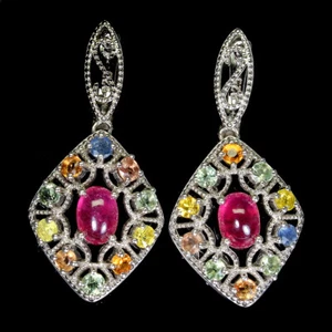 925 Sterling Silver Earrings Oval Ruby 7x5mm Sapphire Natural Gemstone Jewelry - Picture 1 of 10