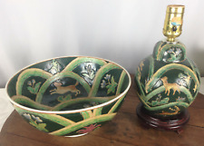 Vintage Asian Green Bowl and Lamp Dogs Flowers #WH-4