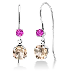 14K White Gold Peach Morganite and Pink Sapphire French Wire Dangle Hook - Picture 1 of 2