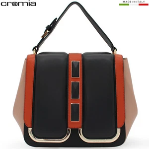 Cromia designer black orange beige leather Satchel bag purse Made in Italy - Picture 1 of 10