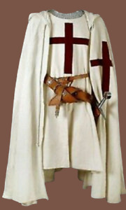 Medieval Men Cosplay Sleeveless Tunic & Hooded Cloak - Crusader Costume LARP SCA