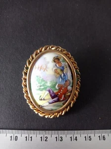 Antique Brooch Porcelain Limoges Scene Romantic - REF10995J - Picture 1 of 2